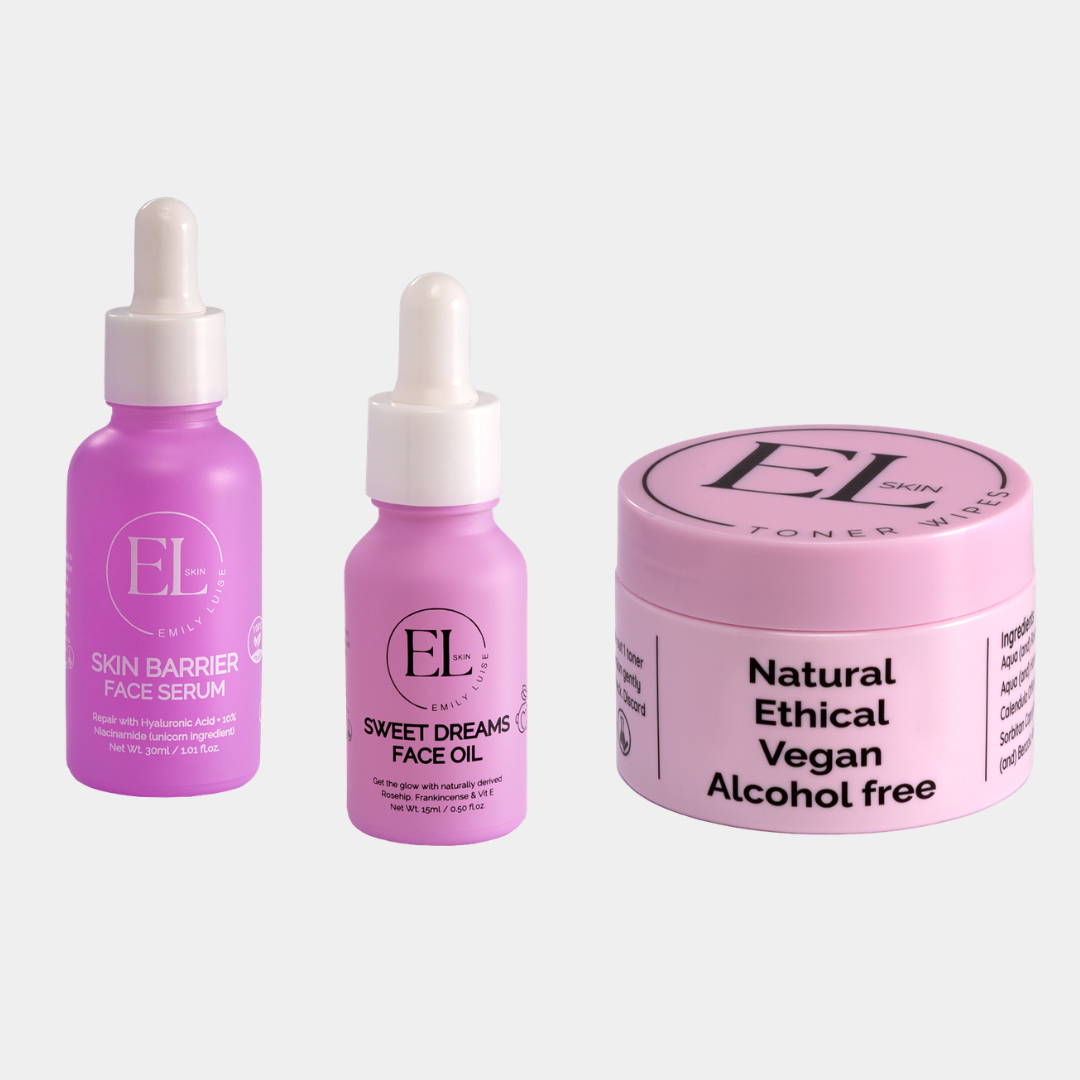 Three skincare products with pink bottles and a white cap on a light gray background.