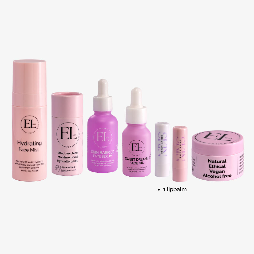 Set of EL skincare products including face mist, serum, oil, balm, and lip balm on a white background.