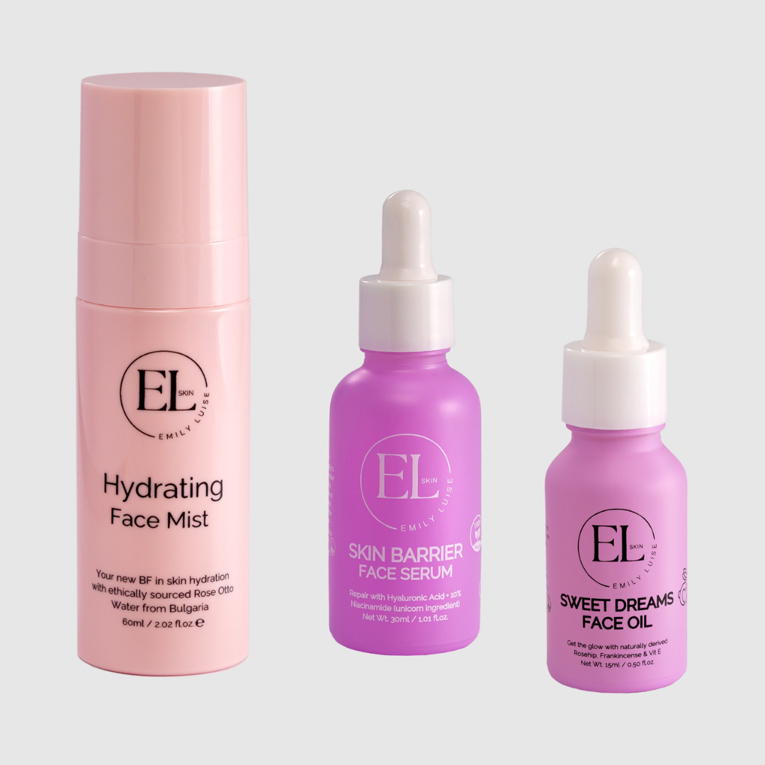 Three skincare products from EL Skin Care on a light gray background