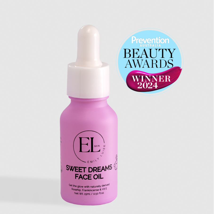 Pink face oil bottle with dropper labeled 'Sweet Dreams Face Oil' on a light gray background, featuring the Prevention Beauty Awards 2024 winner badge.