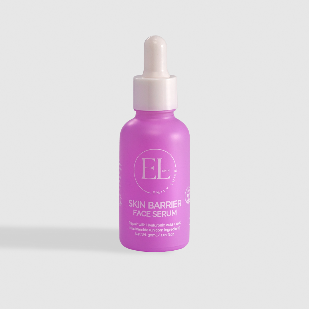 Purple skin barrier face serum bottle with dropper on a light gray background