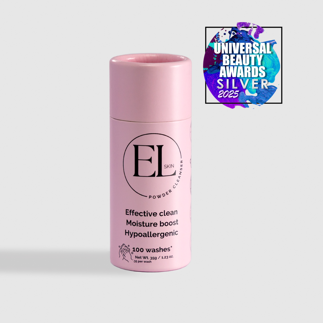 Pink skincare product bottle with EL Skin logo on a light gray background, featuring the Universal Beauty Awards Silver 2025 badge.