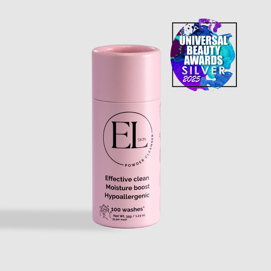 Pink skincare product bottle with EL Skin logo on a light gray background, featuring the Universal Beauty Awards Silver 2025 badge.