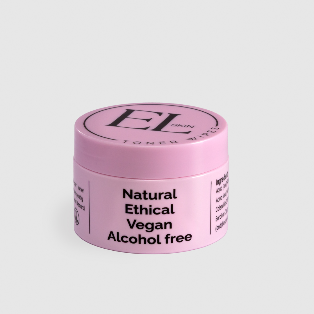 Pink skincare product jar with 'EL' branding on a light gray background